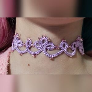 Hand Made Tatting Purple Beaded Choker Necklace